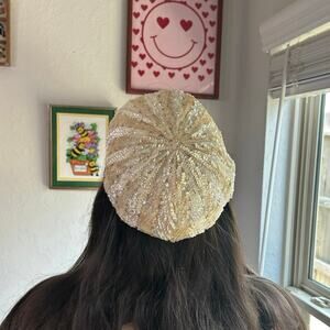 Sequin Iridescent  Cream- Fascinator- Cap- some staining missing sequin-